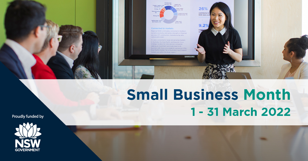 Image of business people listening to a speak with a financial chart. Register for our event proudly funded by the NSW Government Small Business Month